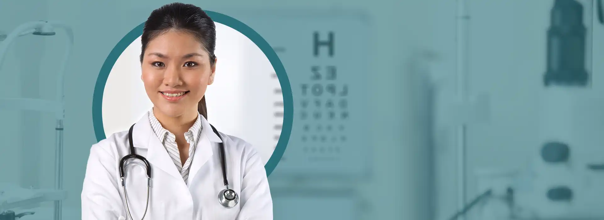 Smiling optometrist in an optometry clinic office